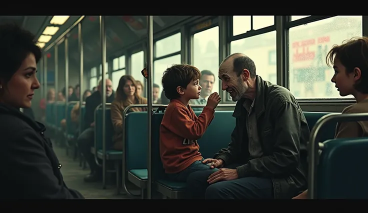 Arthur Fleck sitting on the bus, making faces at the child while his mother watches him disapprovingly.