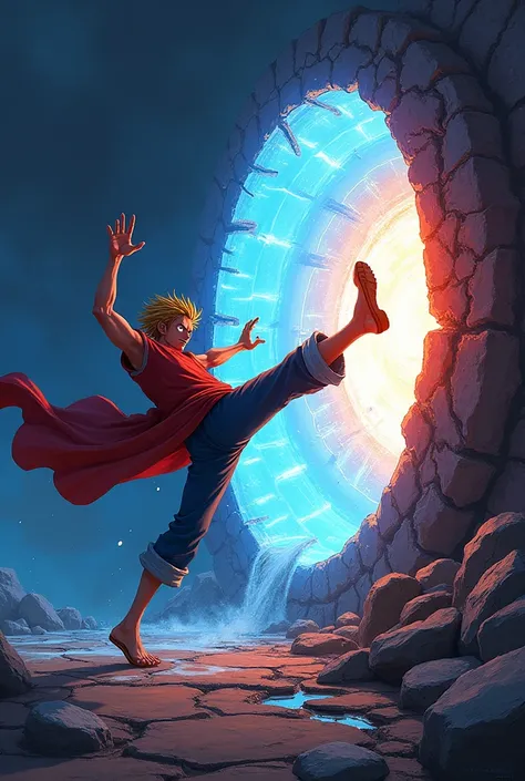 Create a artwork featuring Sanji delivering a powerful kick to a massive, cracked, and glowing wall that resembles a portal. The wall should be vibrant and visually striking, with dynamic lighting effects to emphasize the impact of Sanjis kick. The scene s...