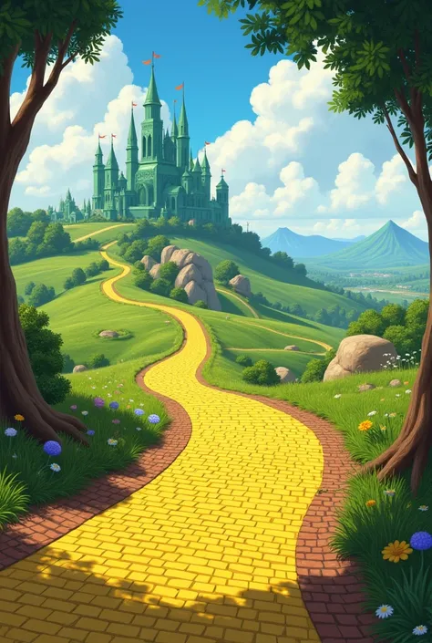 Image of the city of Oz in the background, with a long yellow brick road leading there
