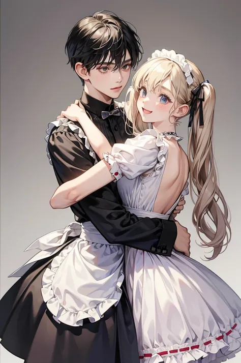 Two maid outfits、So cute!、Two shota、Juvenile、cute、The most beautiful boy、long、cool、neutral、Handsome、male、Twin tails、Front face、Long ribbon、smile、Dynamic、Tomboy、hug、Hug me、どちらもmale、Both are shota