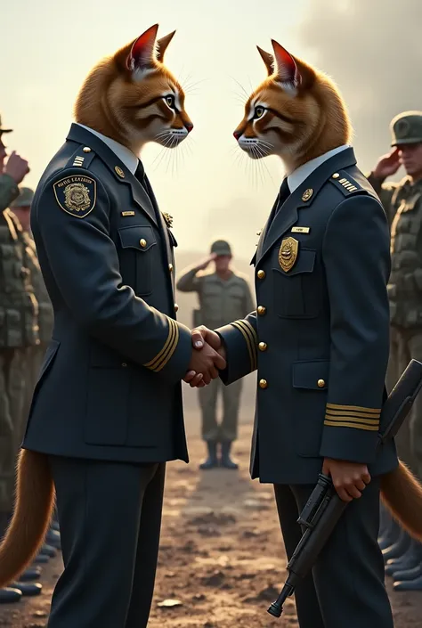 A cat wearing a police uniform in a battle field background Handshaking a military personel who has a machine gun. And a group of soldiers in the background saluting 