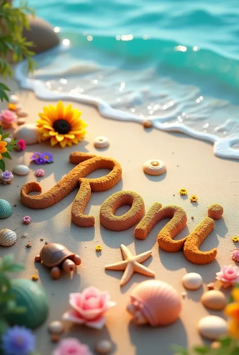 A mesmerizing 3D render of a serene beach scene captures the essence of tranquility and adventure. The name "RONI" is artfully inscribed in the sand, adorned with a vibrant yellow sunflower, many colorful and different flowers, a playful starfish, shells, ...