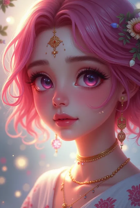 One girl,pink short hair,Radha Rani tilak, Indian anime girl, digital verse, glowing face,nath, beautiful look, unique 