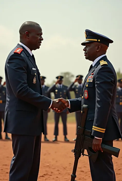 Wiliam Ruto wearing a police uniform in a battle field background Handshaking a military personnel who has a machine gun. And a group of soldiers in the background saluting 