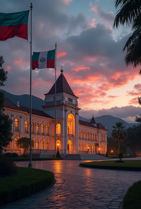 ALTA VERAPAZ GOVERNMENTAL PALACE, WITH GUATEMALA FLAGS, marimba, evening