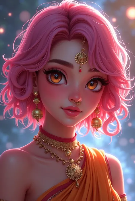 One girl,pink short hair,Radha Rani bindi, Indian anime girl, digital verse, glowing face,nath, beautiful look, unique 