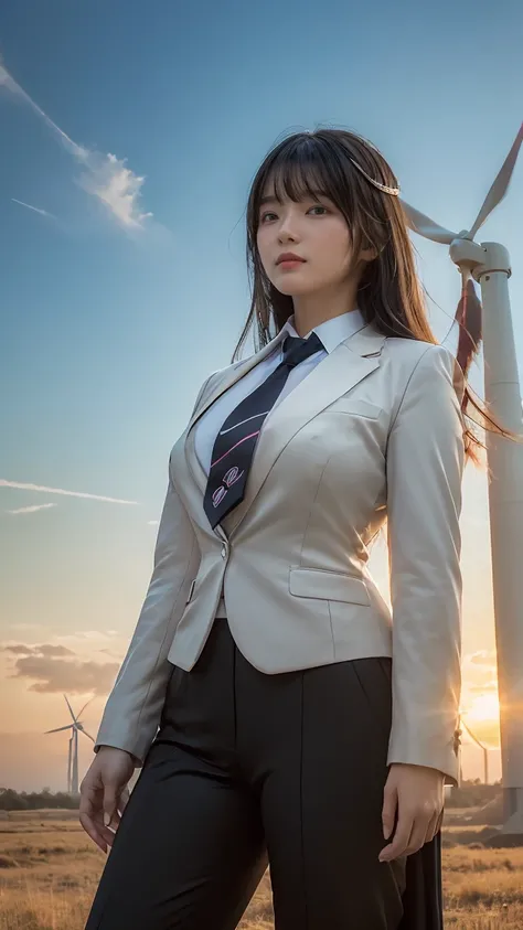 ((Masterpiece, best quality, very detailed), Volumetric light, surrounding occlusion, Rich and colorful, glow), 1 woman, lonely, young girl, (Black bangs), long hair, radius, wind energy, sacred, goddess, CEO vibe, (suit with necktie:1.3), armor, outdoor, ...