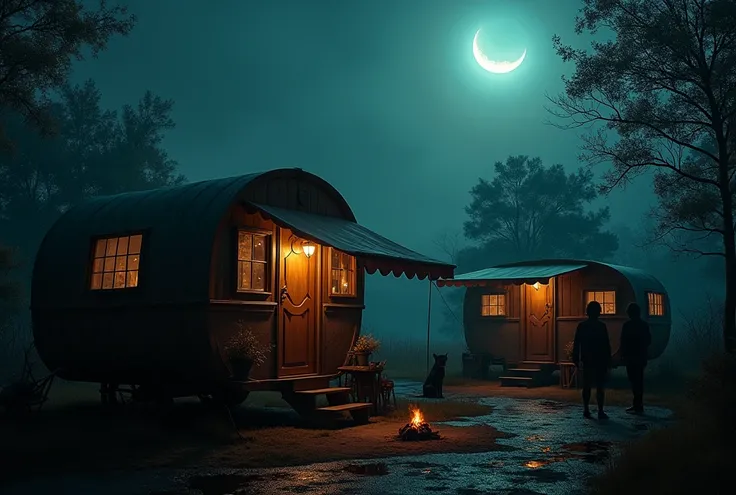 vintage caravans, camper vans, gypsy camp, intricate carvings, vibrant fabrics, dim moonlight, silhouettes inside vans, fireplace, after rain, dog on background, half-moon, eerie atmosphere, night setting, mysterious ambiance, late night, eerie atmosphere,...