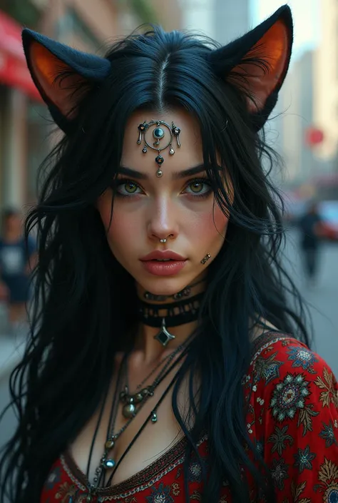 persian catwoman, black hair, nose septum piercing, eyebrow piercing, cat ears, cow horn, lip percing, moon face tattoo, face piercing, nipple piercing, persian carpet, russian blue catc, tehran streets, smoking weed, smoking ciggarets, cannabis