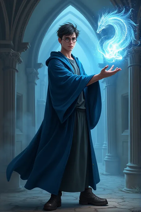 A 3 man with slanted eyes and square glasses, Gradient cut hair, athletic body, in height being 1,70 dressed in Hogwarts clothes being from Ravenclaw house, in his right hand holding the elder wand casting a patronus with the animal being a steed 