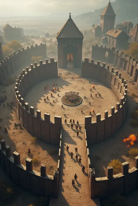 Create an actual battlefield, surrounded by walls. in a village. With three rings. 