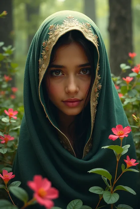 A portrait of Bangladeshi woman in borkha revealing face. Background should be flower forest.