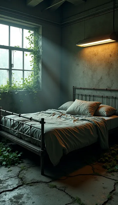 A rugged bed setup in an old, abandoned factory. The bedframe is made of rusty metal with torn sheets and a mismatched set of old, worn-out pillows. The cracked concrete floor and large broken windows reveal overgrown vines creeping in from the outside, wi...