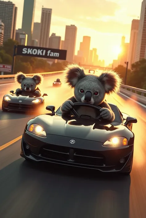 A photorealistic action scene from a Fast and Furious-style movie, where koala bears are the main characters. The koalas are driving high-performance cars at full speed on a highway, with real-life proportions and ultra-realistic textures. The koalas are s...