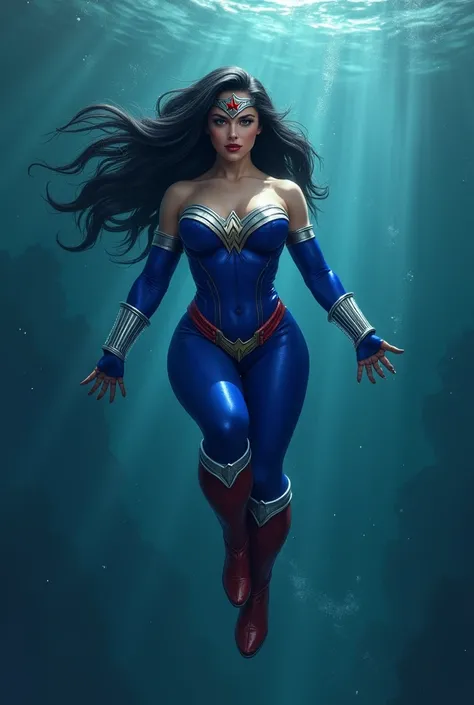 (((This beautiful woman is swimming under the deep waters of the sea))),(((Completely royal blue suit))),(((Symbiote Skin))),(((lady deadpool))),(((A beautiful woman with long black hair))),(((bajo el manto de Wanda Wilson alias lady deadpool))),(((This wo...