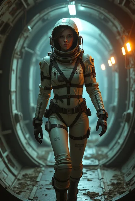 hazelmoore, a woman wearing a torn space suit, full bodysuit, in a space station, visible small breast, 