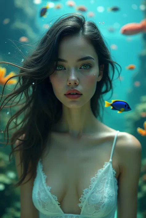 A beautiful and hot girl in a fish aquarium