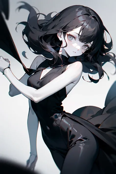 Black shoulder length hair, frizzy poofy hair, pale skin, healthy pale skin, light grey eyes, a skinny frame of a young girl, she is wearing a dark black dress, she has a cute but expressionless face, no curves, concealing dress, ((black hair))