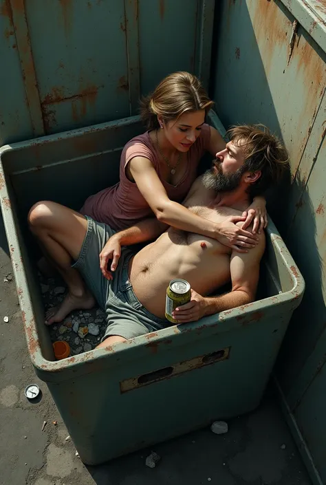 Generates an image of a handsome man, Light brown hair, with short hair and back, with a beard and lots of hair on his body, with a belly and holding a can of beer, Drunk man lying in a garbage container and a woman hugging him