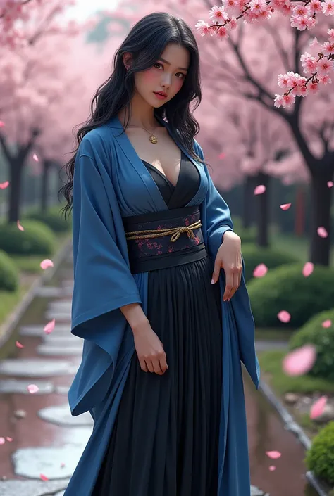 (best quality, photorealistic, ultra detailed) A girl in a cherry blossom garden, wet ground, stone and grass floor, falling leaves, Japanese, long black hair, blue and black kimono, short kimono to the waist, big ass, beauty, hot, seductive, RTX, realisti...