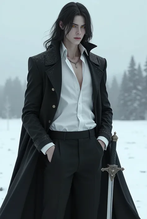 A young tall thin man with a handsome face with perfect thin features, long black hair, yellow eyes, beautiful black eyebrows, a vampire, a thoughtful expression on his face, in a snow-white shirt and a black cape, a dagger in his hand