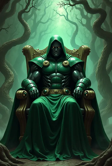 Dr.doom with his iconic deep dark green armour 
siting on the chair in multiverse  trees
