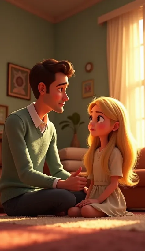 A pixar style of a father with brown hair punishing his  girl with yellow silky hair at home