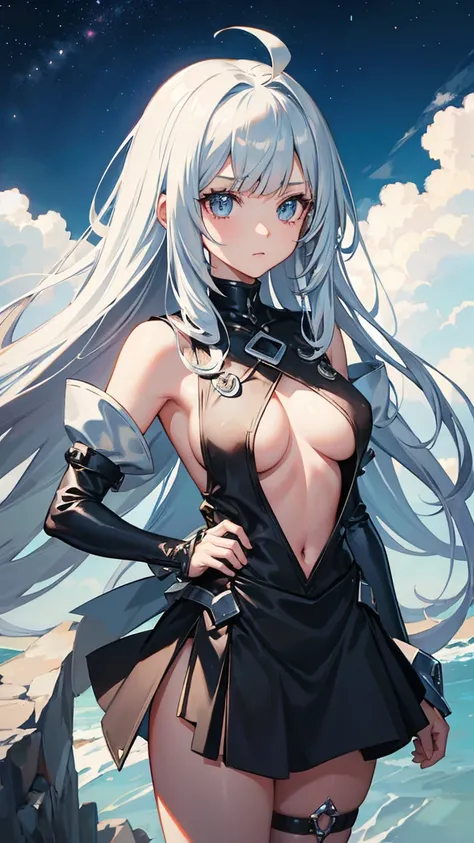 Metal Slime Girl, Normal size breasts, Jumper skirt outfit, Show me your back, Plains, silver hair, ahoge, curtained hair, asymmetrical bangs, shiny hair, shy, anime style, UHD, masterpiece, accurate, anatomically correct, super detail, best quality, highr...