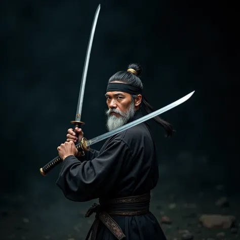 Photo of a young Chinese man with a black headband and a white beard, holding a katana sword and fighting against a black background.