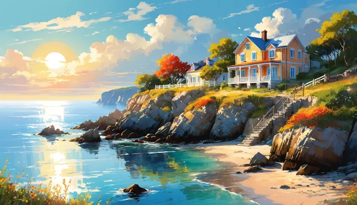 Яркий sunlight, unearthly, bright colors, coastal landscapes, old house by the sea, rocky shore, reflections on the water, теплый sunlight, Clouds in the sky, calm atmosphere, nature, daytime, detailed textures, Striking illustration, sunlight, idyllic.