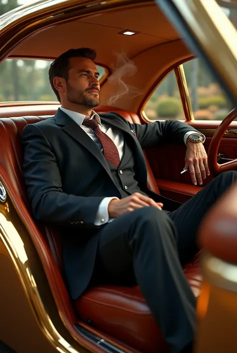 Create an image of a man smoking inside a gold luxury car 