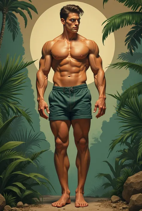 vintage art deco style, perfect simetryc composition, neutral soft colors, a full body, man, beautifull, gorgeous, perfect realistic detailed muscles, muscled legs, adorable face, taller, masculine gaze, sexi look, sit soft perfect white skin, barefoot, we...