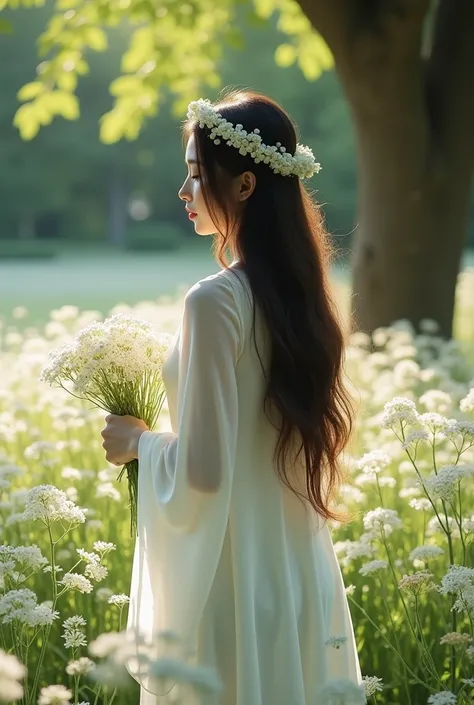 A 22 years young girl,she is so much pretty  like anime white borkha but her hair is not hidden ,her har is flying,in right hand some white flowers, on her hair a chain of white flowers, in a garder, around white flowers, under tree, sunlight is coming thr...