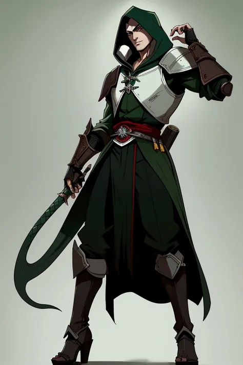 (1 boy) ((masterpiece, perfect quality)) full body, head to toe capture in frame, pale white skinned boy, with black hair with green snake-shaped eyes, wears a vampire hunter uniform that refers to the Belmont uniforms of the Castlevania saga, and combines...