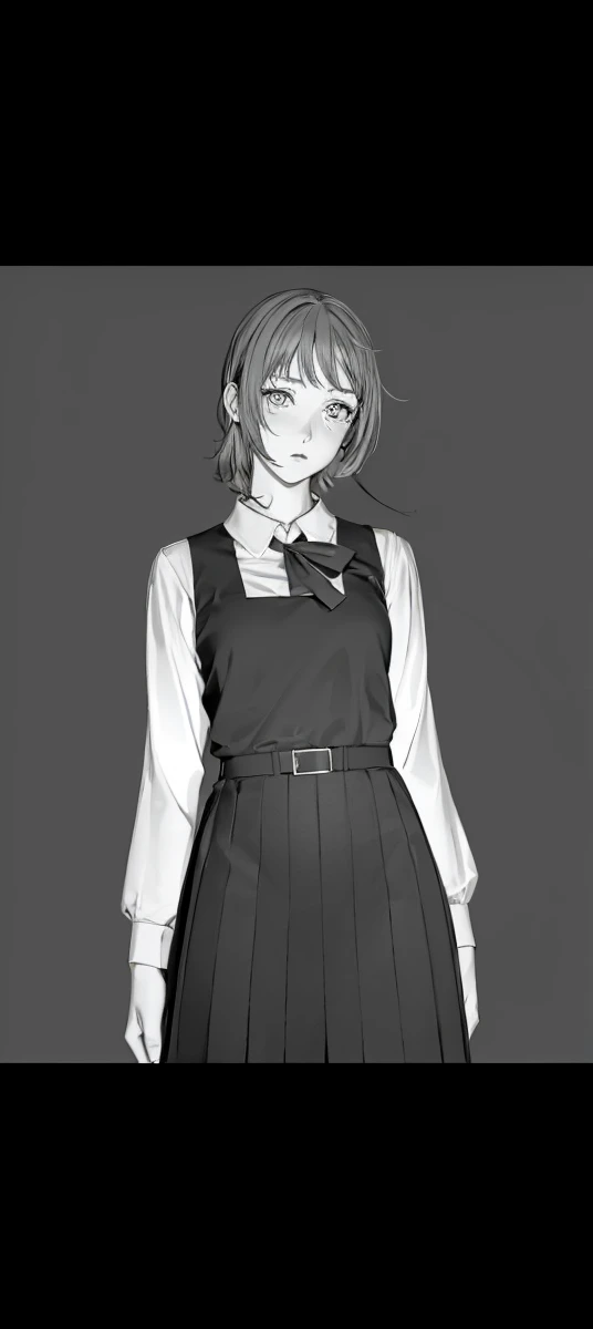 1woman, woman, 1, student, detailed eyes, quality eyes, Wear a shirt, Short sleeve, (Untucked shirt:1), (masterpiece:1.2), ((最high quality)), Untucked shirt, Wearing a long pencil skirt, whole body, anime Line art, Line art, manga, Monochrome, high quality...