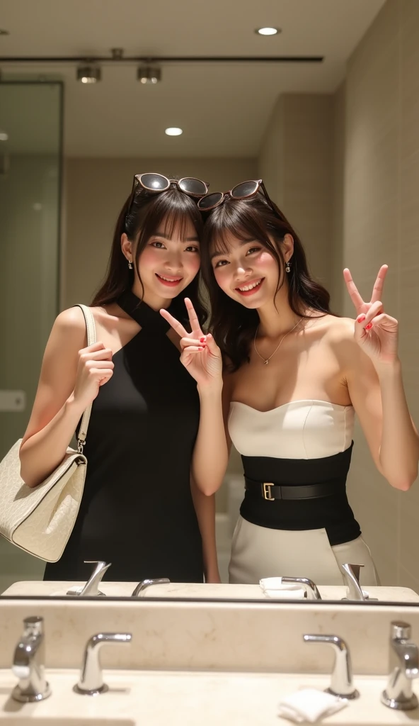 Two young japanese women take a mirror selfie in a stylish bathroom. One wears a black halter dress and holds a white handbag, while the other is in a black and white strapless dress, making a peace sign. Both have sunglasses on their heads, standing confi...