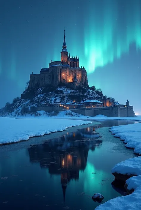 (high quality,4k,8k,highres,masterpiece:1.2),ultra-detailed,(realistic,photorealistic,photo-realistic:1.37),Mont-Saint-Michel reflection on frozen water,night,castle,water,icy reflection,glowing lights,frozen river,mystical aura,majestic,ethereal,Aurora Bo...