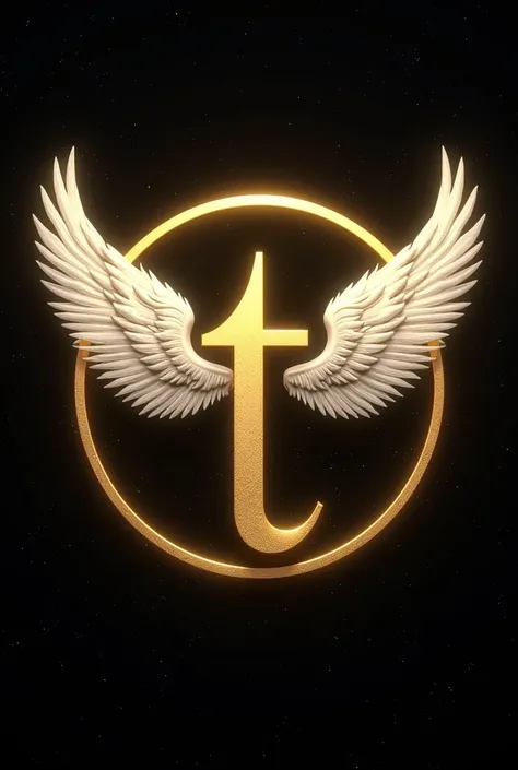 A small letter T in shiny gold with open white wings in the background of the universe in a ring-shaped circle