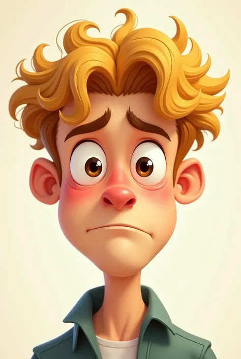 make a cartoon style character with curly hair that is eye level, blonde with light brown hair, your face is a little wide, and your easy expression is serious, His eyes are dark brown and he has some marks on his face