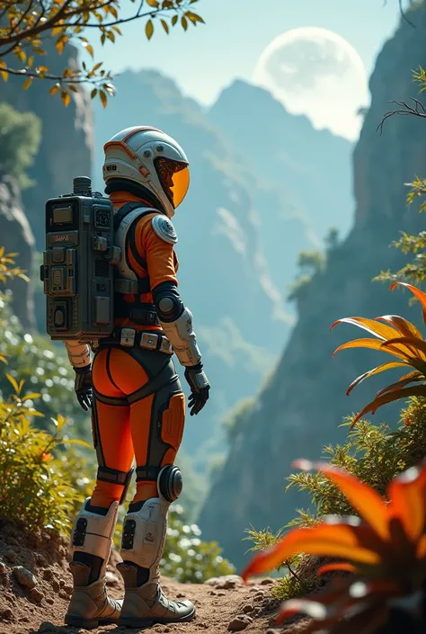 Masterpiece, highest quality, rear angle, Highly detailed photo of a (female space soldier wearing orange and white space suit, helmet, with tinted face shield, rebreather, accentuated booty), athletic body, big ass, [wide hips], (investigating a strange g...