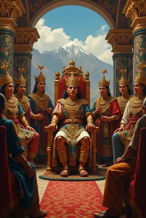  The Inca Atahualpa on his throne surrounded by Inca nobles. It is the colonial era
