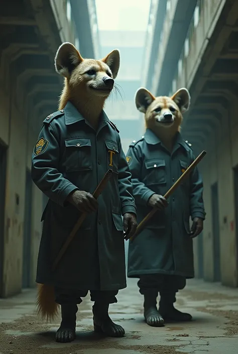 Hyenas dressed as prison guards in a prison