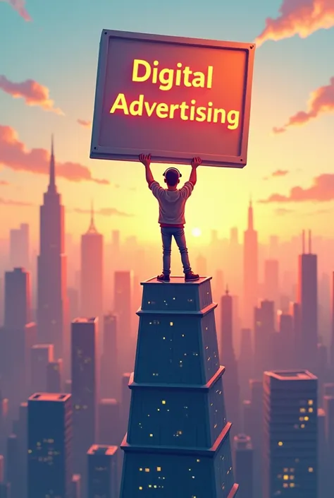 A cartoon with holding a board of digital marketing in his hand on the top of a towring bulding at dawn and write digital advertising on the board
