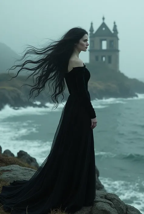 A pale woman with sharp features and long black wavy hair, dressed in a long sleeve velvet dress ,standing infront on a clif by the shore, in front of an abandoned property in foggy dark weather