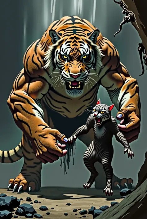 make a picture of a muscular tiger, and full of scars, making a fist ,holding a cat(zombies) from schrödinger by the dead tail

