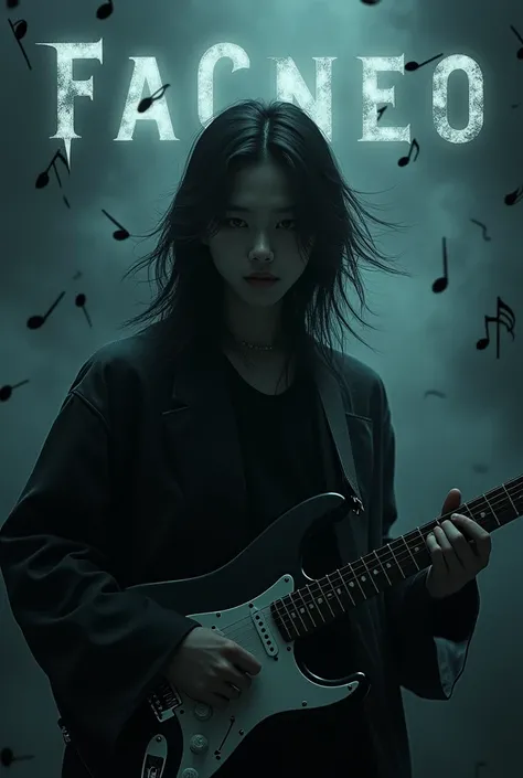 Asian boy who looks like DPR ian and has long hair and in the background is written the word facneo and is in a dark place and has black musical notes around him and has an electric guitar