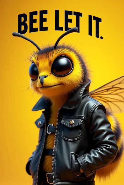 I need an animated leather jacket biker bee, in square format and with a yellow background, which is prettier and smaller, angry, More handsome, Have the text BEE Let it predominate 