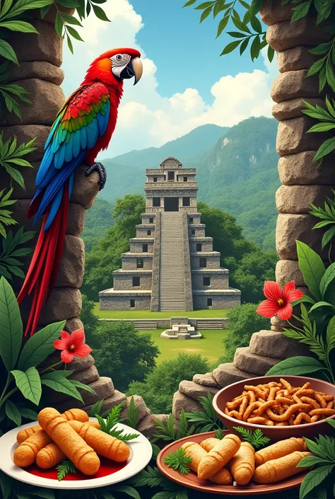 Collage illustration about the country HONDURAS, Let the royal macaw come out, Copan ruins of Honduras, food from copan ruins, everything from that department, Please make everything real from the country, that some baleadas come out of food letter to the ...