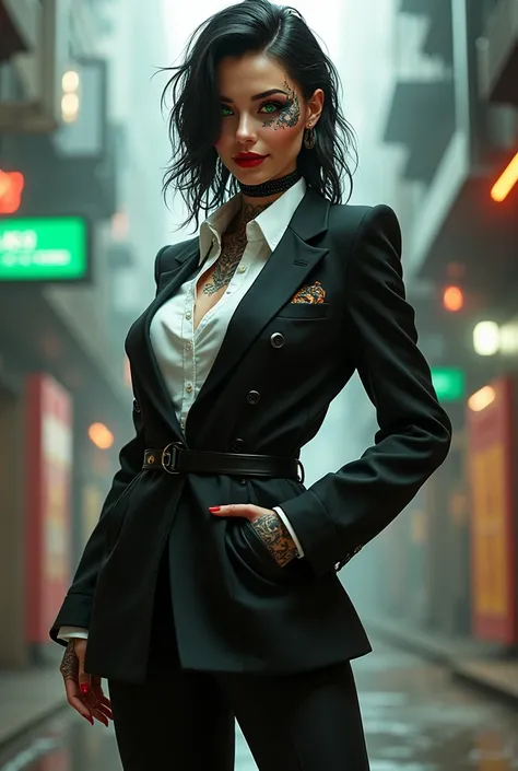 A cyberpunk woman of the gunzerker class wearing a black corporate business suit and red high heel boots, Your green eyes, white skin full of tattoos, using black makeup around the eyes, with some tattoos on his face. She is average in size, lightly toned ...