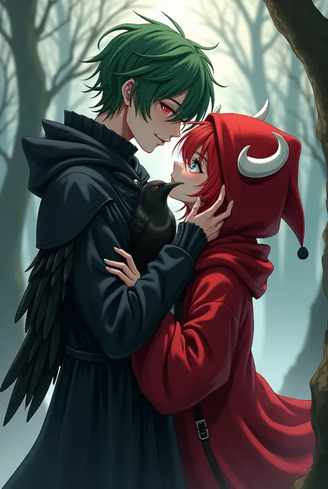 a man with green olive hair with red eyes and dark clothes with his crow kissing a guy with red hoodie with red ushanka russia hat with white horns and brown hair with dark blue eyes in anime version